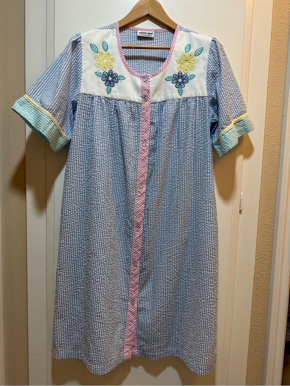 Light Blue Seersucker Midi Dress with Embroidered Yoke